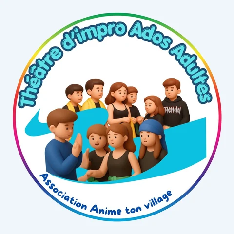 Pictogramme rond « Théâtre d'impro ados adultes » d'Anime Ton Village : un groupe de comédiens réunis.