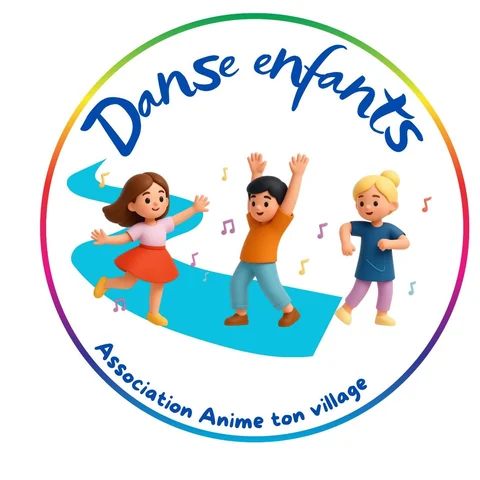 Pictogramme rond « Danse enfants » d'Anime Ton Village : trois enfants qui dansent au bord de la rivière.